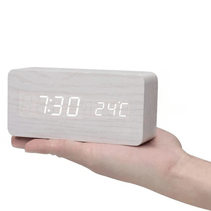 Wooden LED Digital Clock Voice Control Bedside Desk Decor