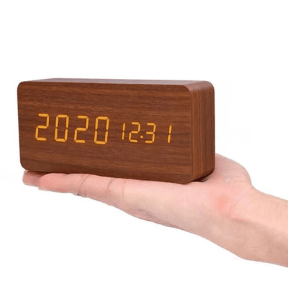 Wooden LED Digital Clock Voice Control Bedside Desk Decor