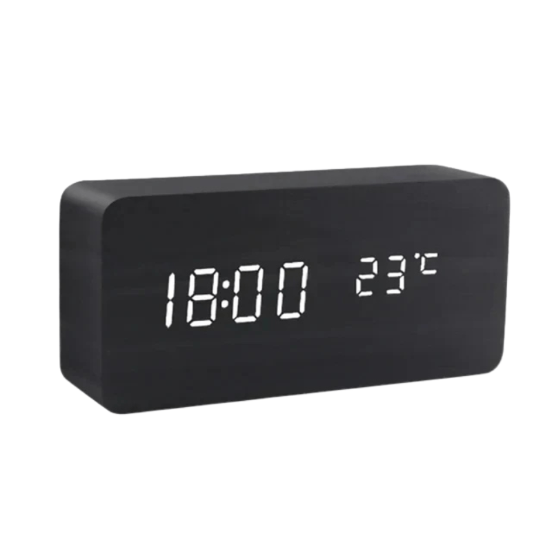 Wooden LED Digital Clock Voice Control Bedside Desk Decor