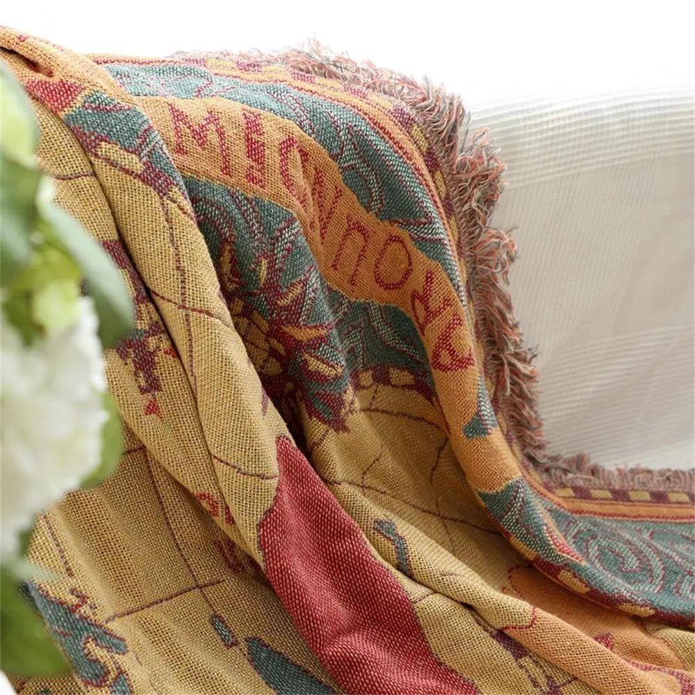 World Map Cotton Throw Blanket Vintage Print Sofa Blanket Multiple Sizes
