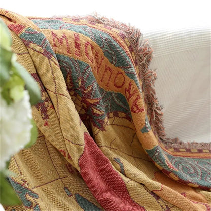 World Map Cotton Throw Blanket Vintage Print Sofa Blanket Multiple Sizes