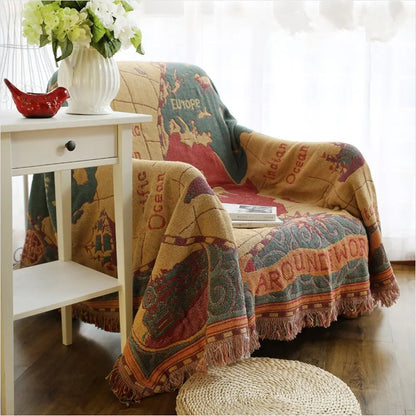 World Map Cotton Throw Blanket Vintage Print Sofa Blanket Multiple Sizes