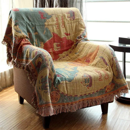World Map Cotton Throw Blanket Vintage Print Sofa Blanket Multiple Sizes