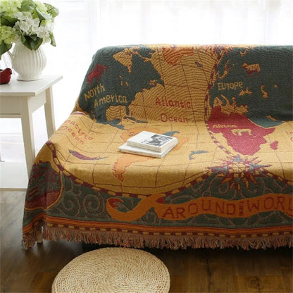 World Map Cotton Throw Blanket Vintage Print Sofa Blanket Multiple Sizes