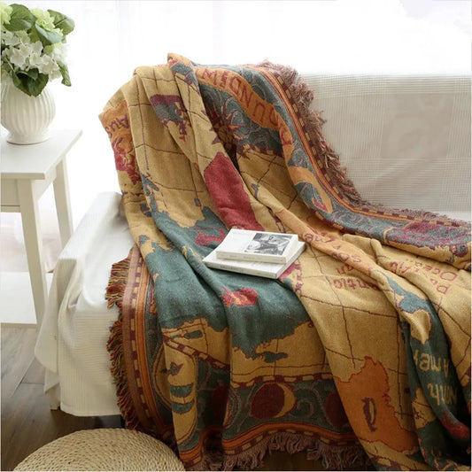 World Map Cotton Throw Blanket Vintage Print Sofa Blanket Multiple Sizes