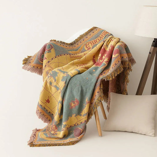 World Map Cotton Throw Blanket Vintage Print Sofa Blanket Multiple Sizes