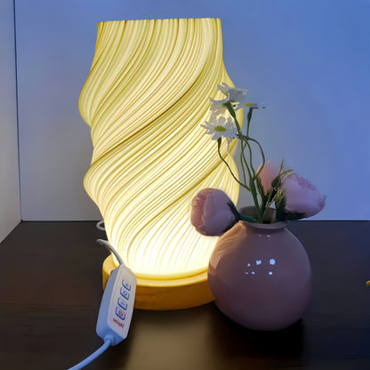 3D Printed Vase Table Lamp Wooden Base Warm Ambient Bedroom Light Home Decor