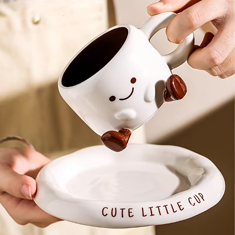 Ceramic Cup and Saucer Set Hand Painted Cartoon Design Coffee Tea Cup