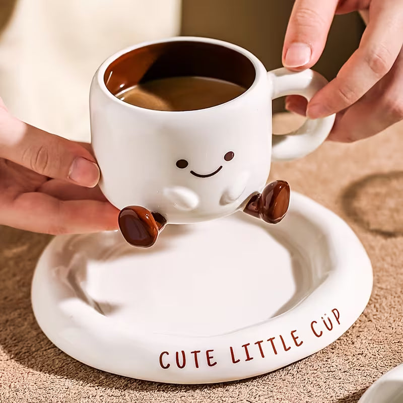 Ceramic Cup and Saucer Set Hand Painted Cartoon Design Coffee Tea Cup
