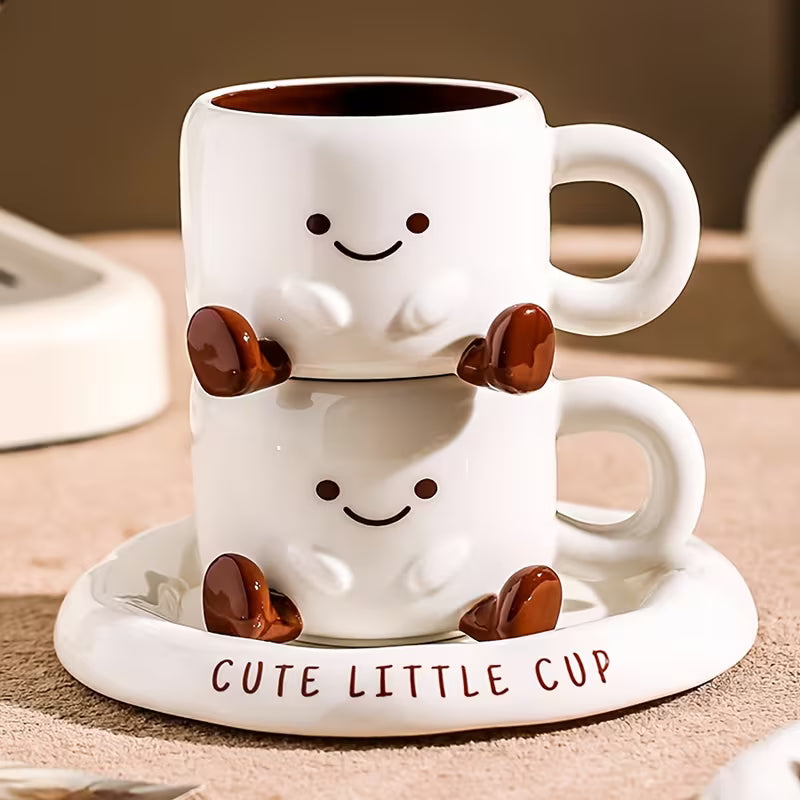 Ceramic Cup and Saucer Set Hand Painted Cartoon Design Coffee Tea Cup