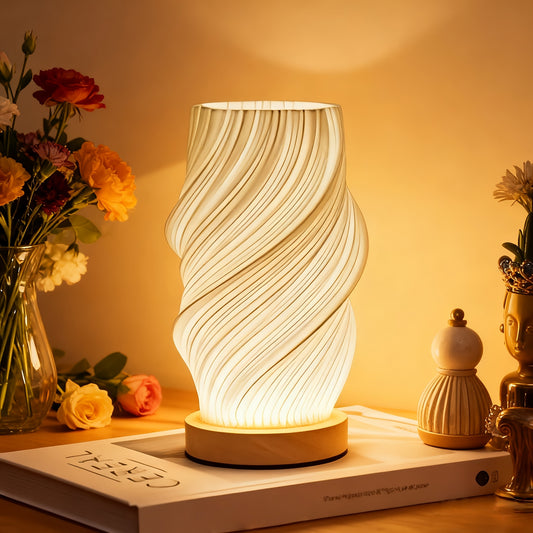 3D Printed Vase Table Lamp Wooden Base Warm Ambient Bedroom Light Home Decor