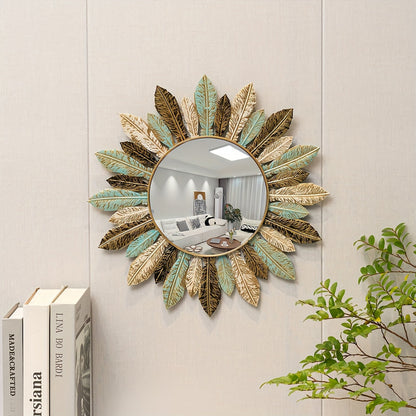 Bohemian Sunburst Metal Wall Mirror Teal and Gold Leaf Design Home Decor