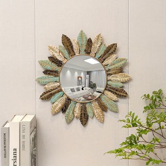 Bohemian Sunburst Metal Wall Mirror Teal and Gold Leaf Design Home Decor