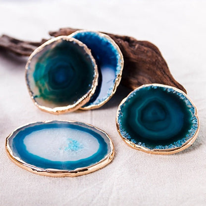 Natural Blue Agate Coaster Set with Gold Edge Luxury Table Decor Home Decor