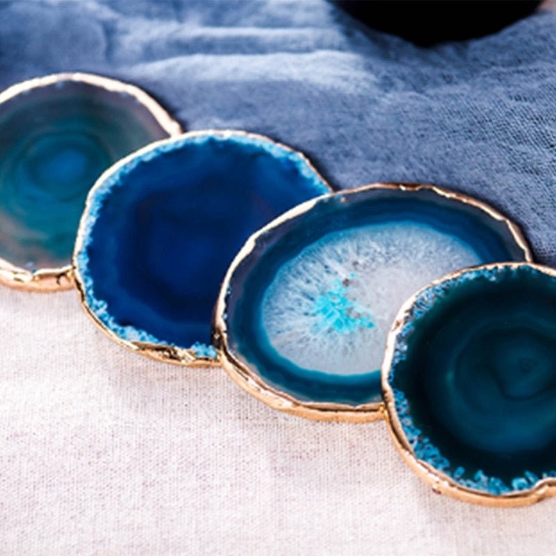 Natural Blue Agate Coaster Set with Gold Edge Luxury Table Decor Home Decor