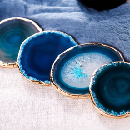Natural Blue Agate Coaster Set with Gold Edge Luxury Table Decor Home Decor