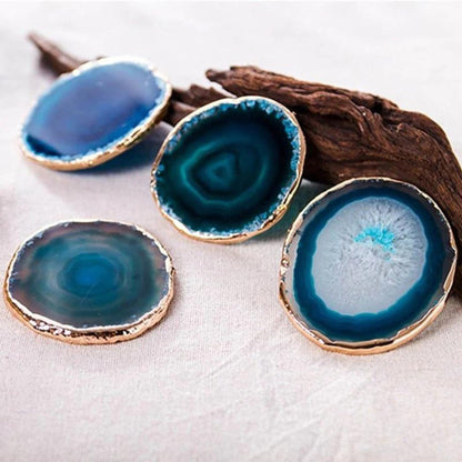 Natural Blue Agate Coaster Set with Gold Edge Luxury Table Decor Home Decor