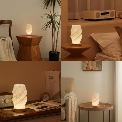 3D Printed Vase Table Lamp Wooden Base Warm Ambient Bedroom Light Home Decor