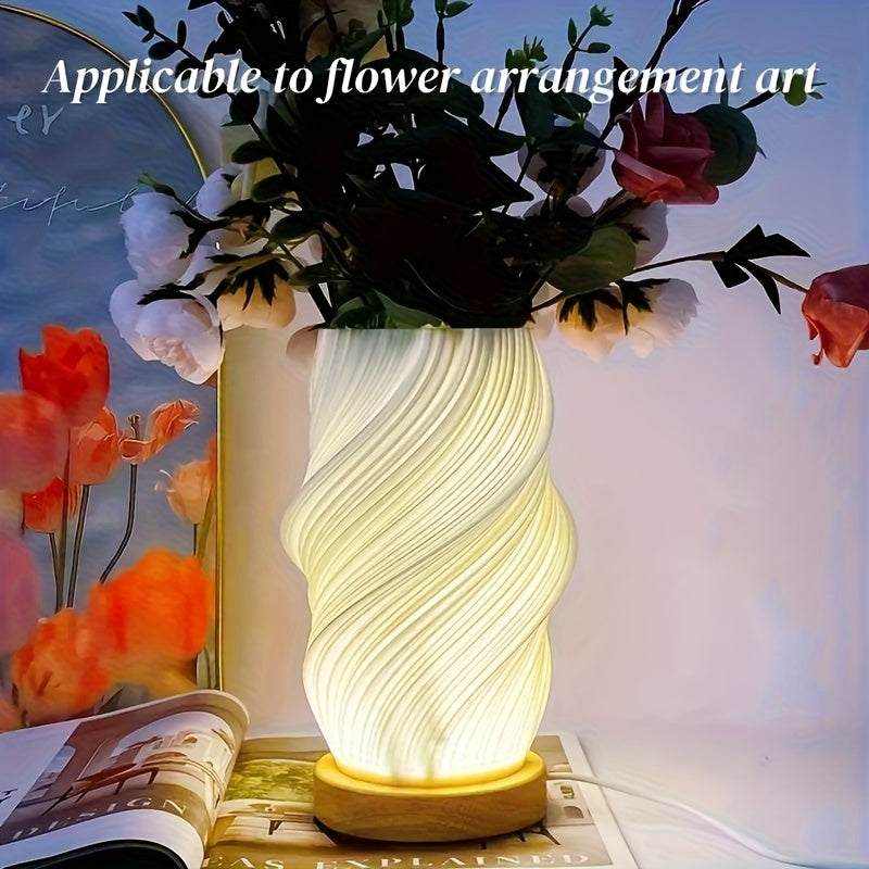 3D Printed Vase Table Lamp Wooden Base Warm Ambient Bedroom Light Home Decor