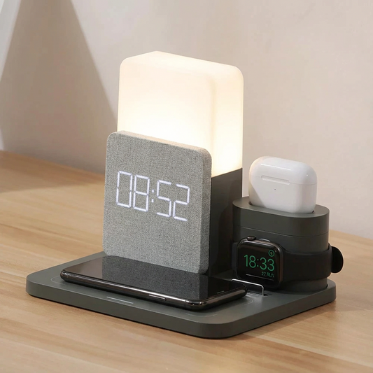 4-in-1 Wireless Charging Station with Alarm Clock and LED Lamp 15W Home Office