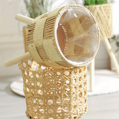 Bohemian Bamboo Woven Flower Stand Plant Holder Wooden Legs Natural