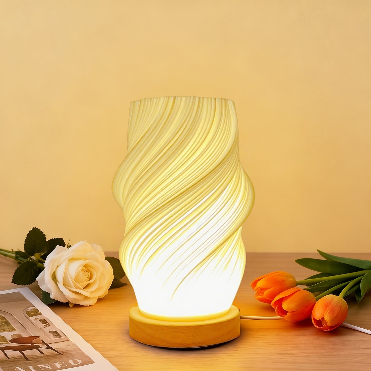 3D Printed Vase Table Lamp Wooden Base Warm Ambient Bedroom Light Home Decor