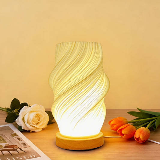 3D Printed Vase Table Lamp Wooden Base Warm Ambient Bedroom Light Home Decor