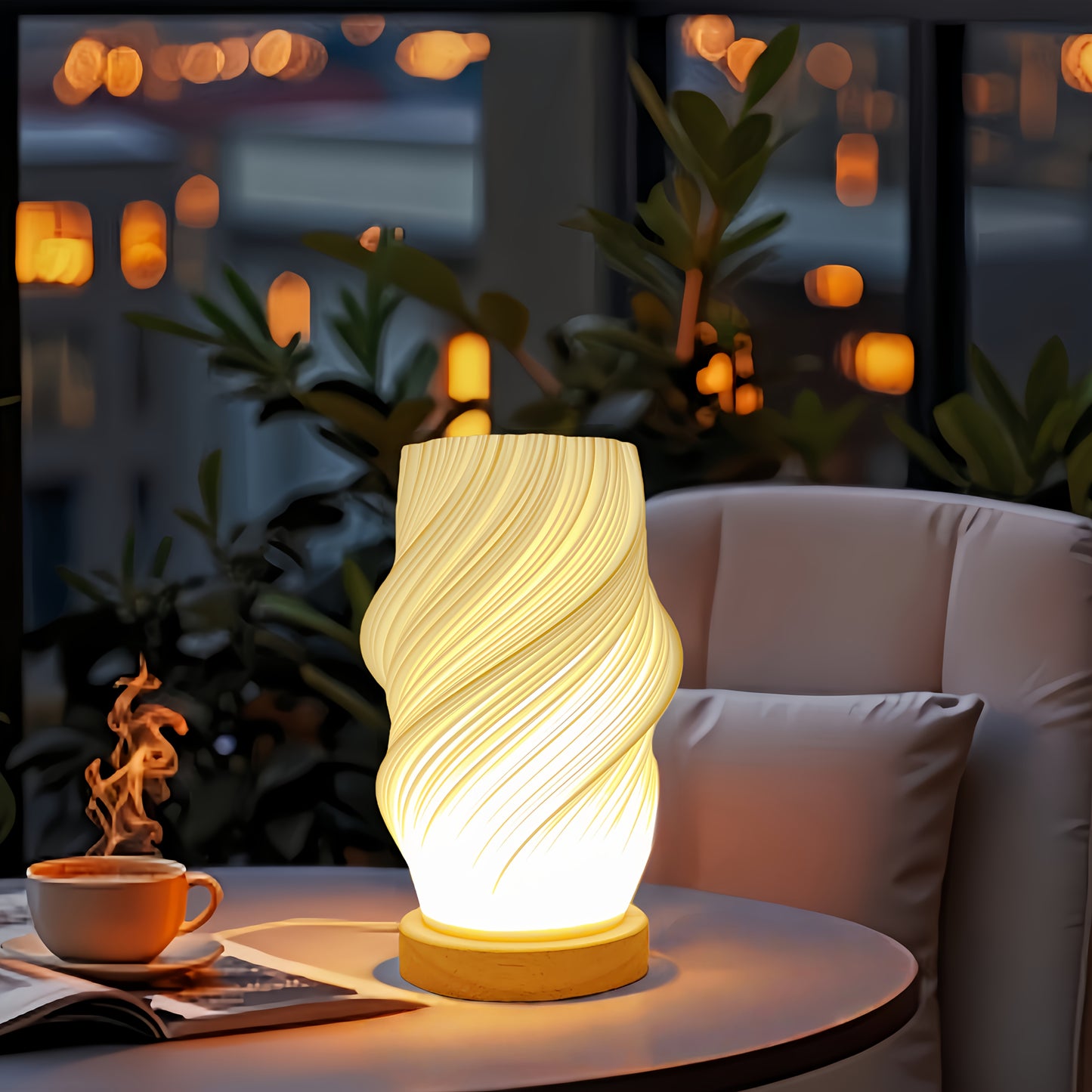 3D Printed Vase Table Lamp Wooden Base Warm Ambient Bedroom Light Home Decor