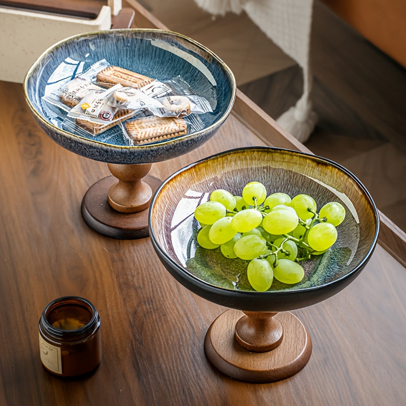 Vintage Ceramic Fruit Plate with Wooden Base Mandala Pattern Serving Dish Home Decor