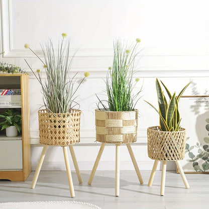 Bohemian Bamboo Woven Flower Stand Plant Holder Wooden Legs Natural