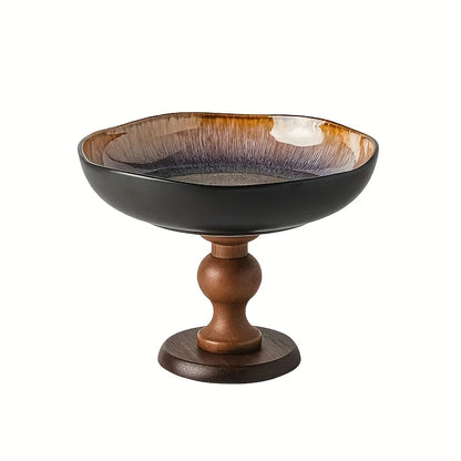 Vintage Ceramic Fruit Plate with Wooden Base Mandala Pattern Serving Dish Home Decor