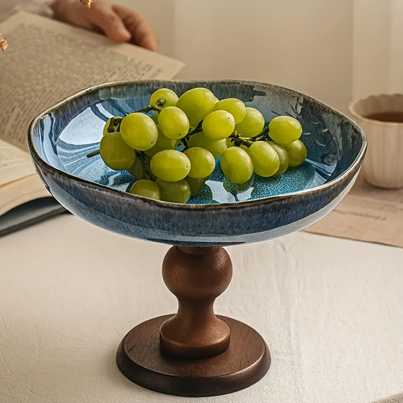 Vintage Ceramic Fruit Plate with Wooden Base Mandala Pattern Serving Dish Home Decor