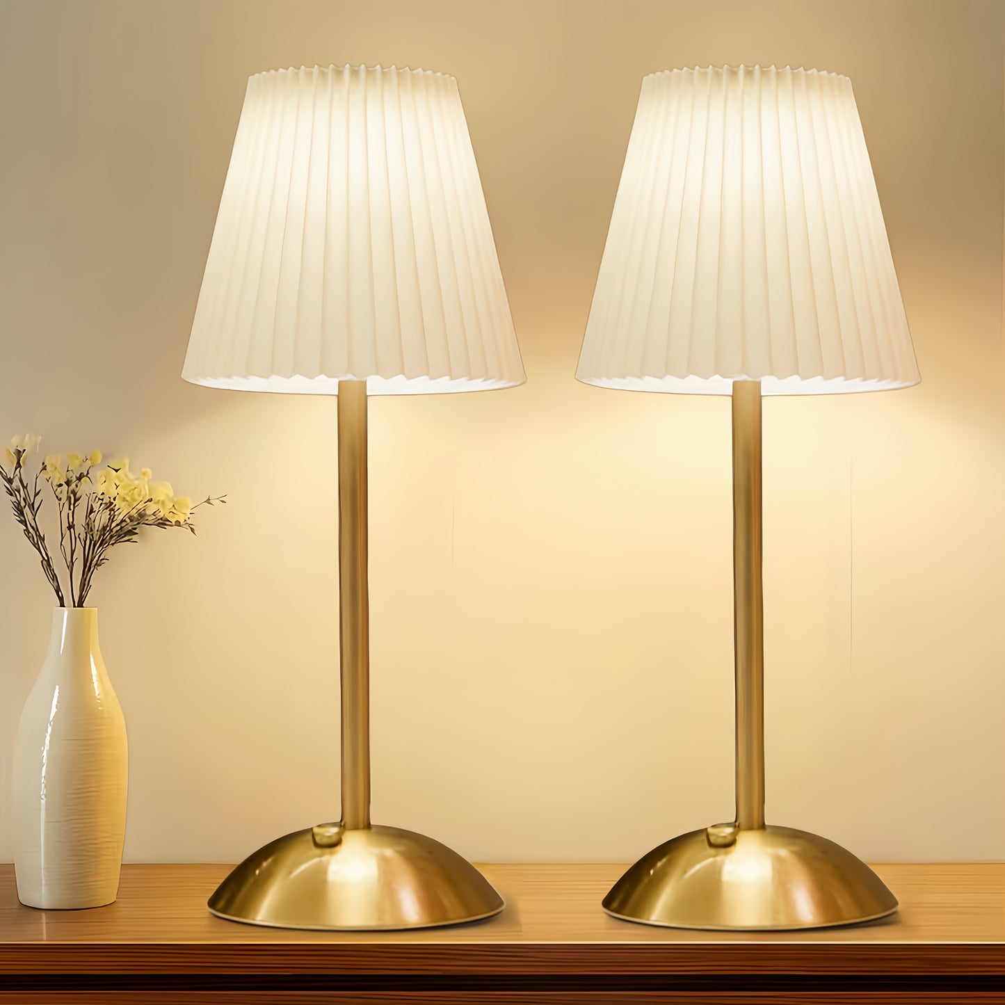 Pleated Fabric Shade Table Lamp USB Rechargeable Touch Dimmable 3-Colour Home Decor