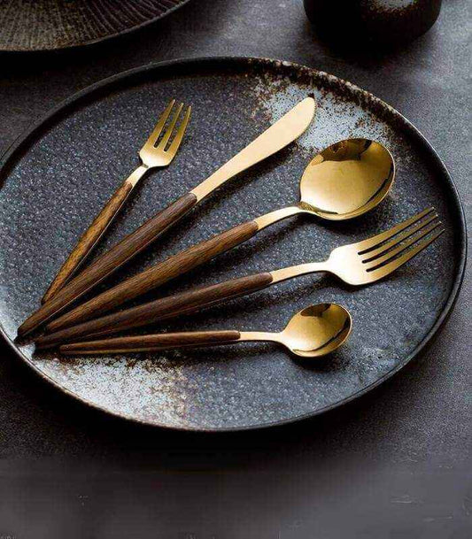 30-Piece Stainless Steel Cutlery Set with Wood Detail Kitchen Decor