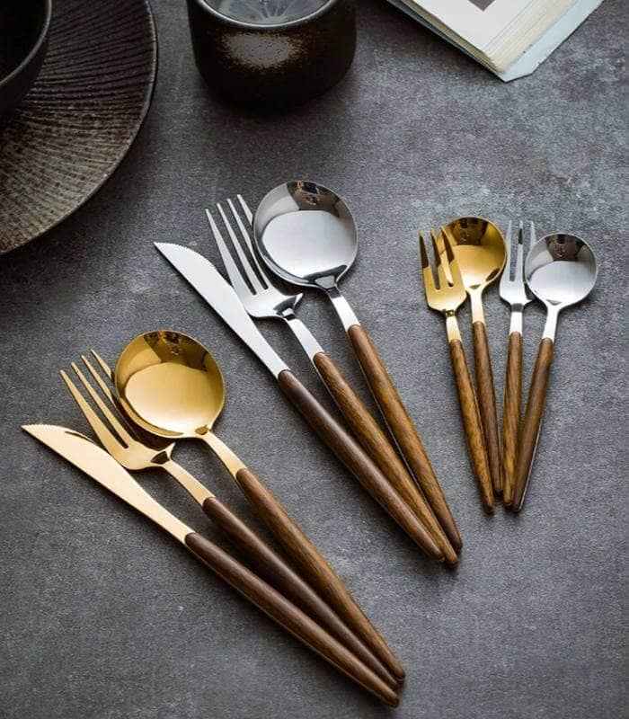 30-Piece Stainless Steel Cutlery Set with Wood Detail Kitchen Decor