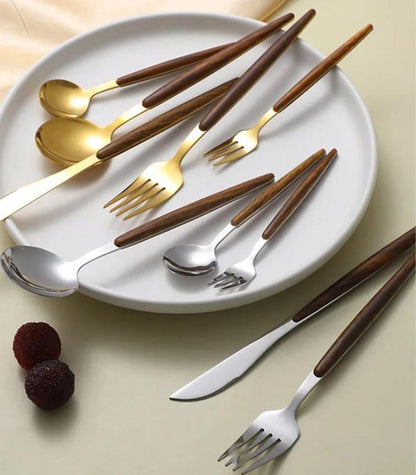 30-Piece Stainless Steel Cutlery Set with Wood Detail Kitchen Decor