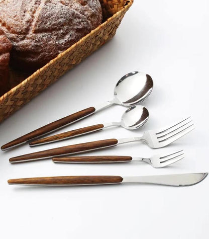 30-Piece Stainless Steel Cutlery Set with Wood Detail Kitchen Decor