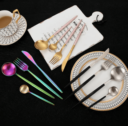 Luxury 24-Piece Gold and Silver Stainless Steel Cutlery Set Kitchen Decor