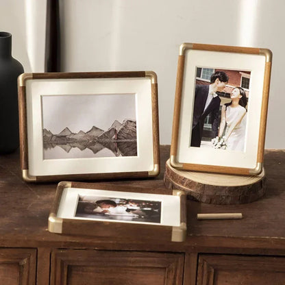 Vintage Wood and Brass Tabletop Photo Frame Classic Home Decor