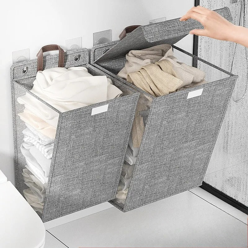 Wall-Mounted Foldable Laundry Basket Adhesive No-Drill Space-Saving Hamper Home Decor