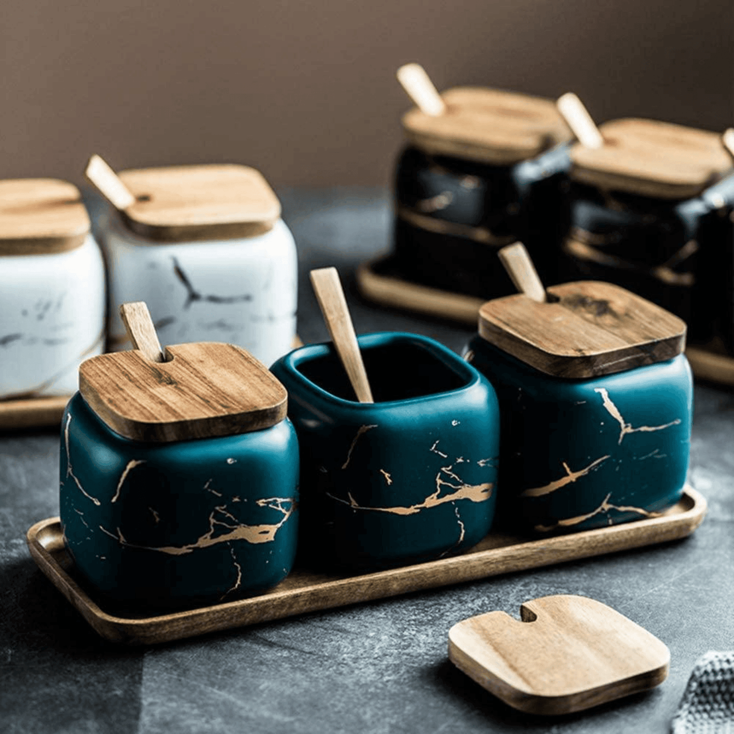 Porcelain Spice Jar Set with Wooden Tray Kitchen Counter Organiser Home Decor