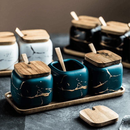 Porcelain Spice Jar Set with Wooden Tray Kitchen Counter Organiser Home Decor