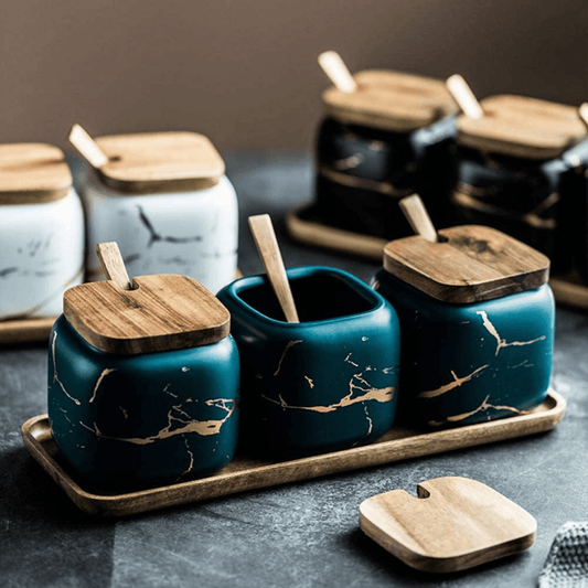 Porcelain Spice Jar Set with Wooden Tray Kitchen Counter Organiser Home Decor