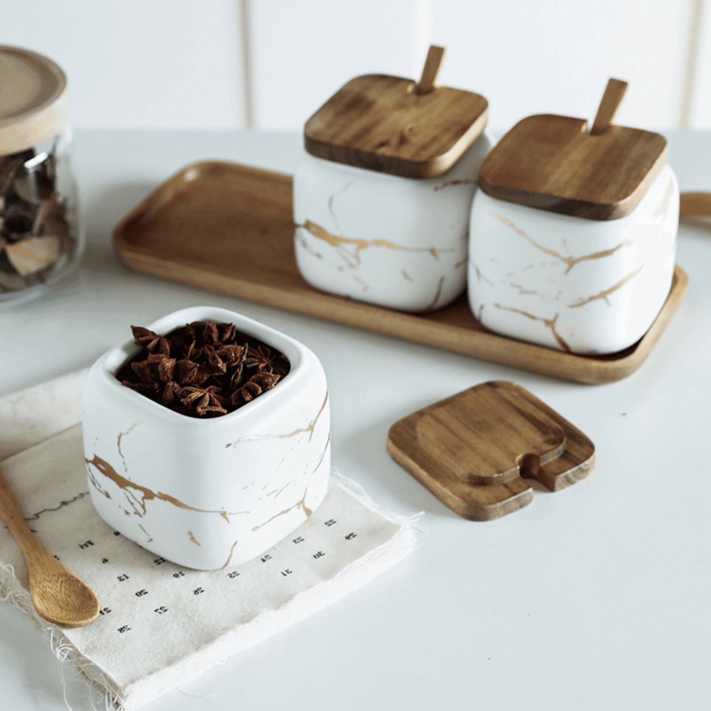 Porcelain Spice Jar Set with Wooden Tray Kitchen Counter Organiser Home Decor