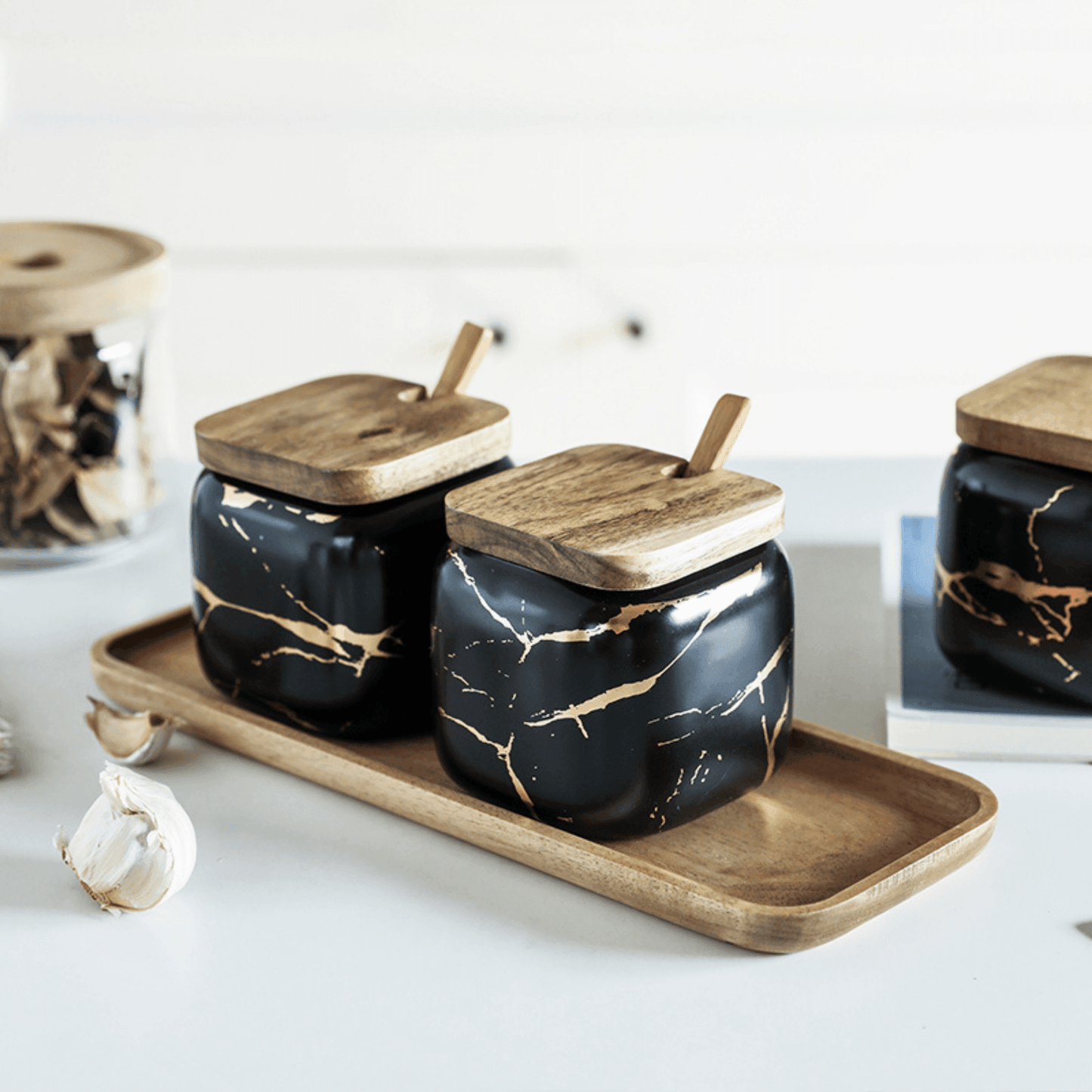 Porcelain Spice Jar Set with Wooden Tray Kitchen Counter Organiser Home Decor