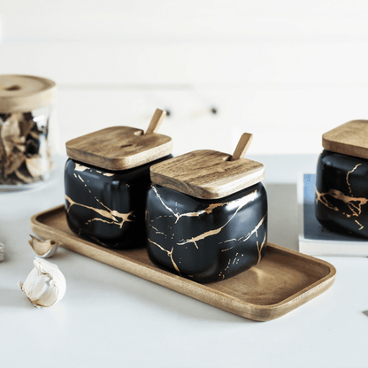 Porcelain Spice Jar Set with Wooden Tray Kitchen Counter Organiser Home Decor