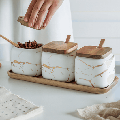 Porcelain Spice Jar Set with Wooden Tray Kitchen Counter Organiser Home Decor