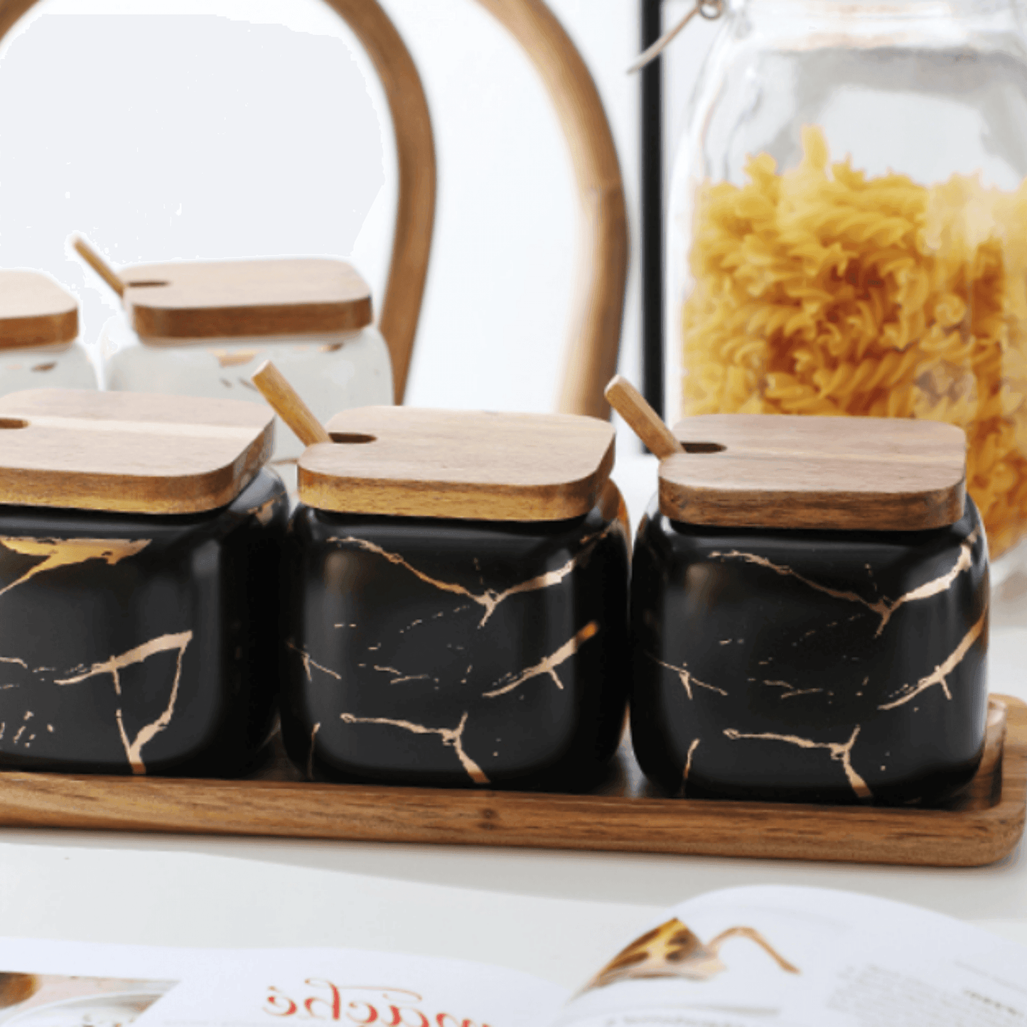 Porcelain Spice Jar Set with Wooden Tray Kitchen Counter Organiser Home Decor