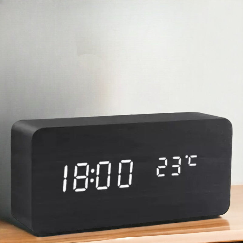 Wooden LED Alarm Clock Voice Controlled Bedside Table Decor Bedroom